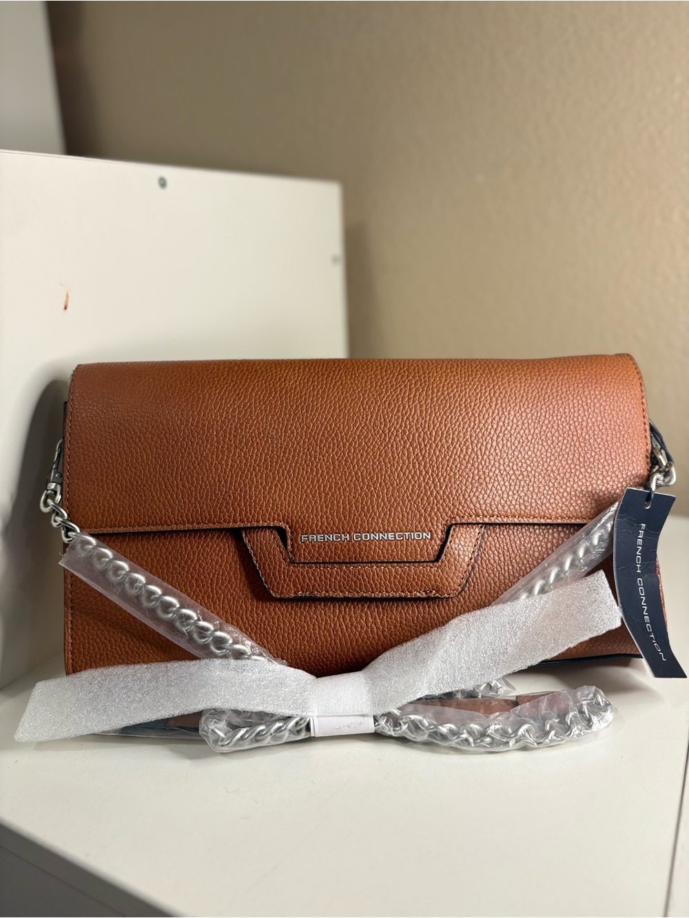 French Connection Kitty Pebble Shoulder Bag Brown NWT Chain Strap